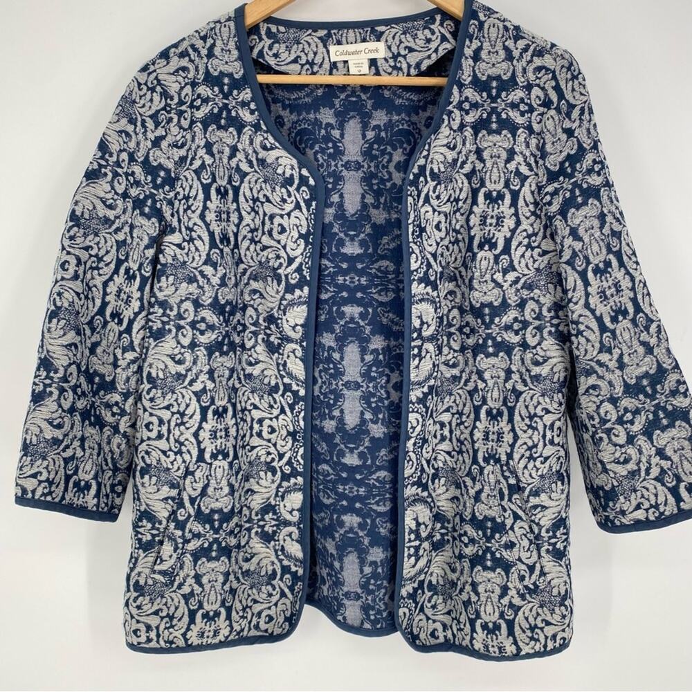 Coldwater Creek Blazer Open front Blue Jacquard‎ 3/4 Sleeve Tapestry 12